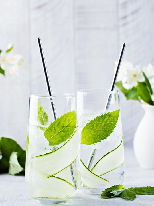 Fresh water glass with lemon slices